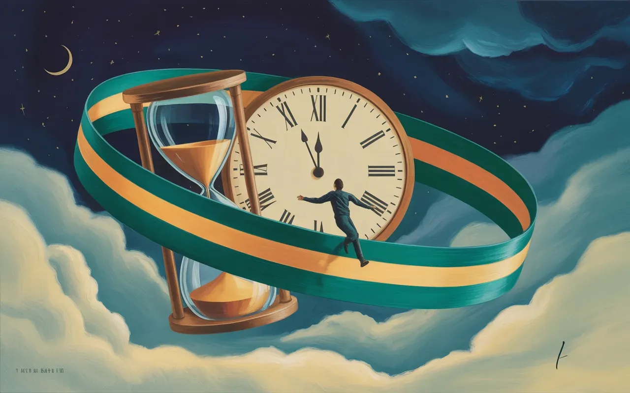 Abstract Jungian dreamscape with human figure fleeing enormous clock and hourglass, swirling teal and amber light