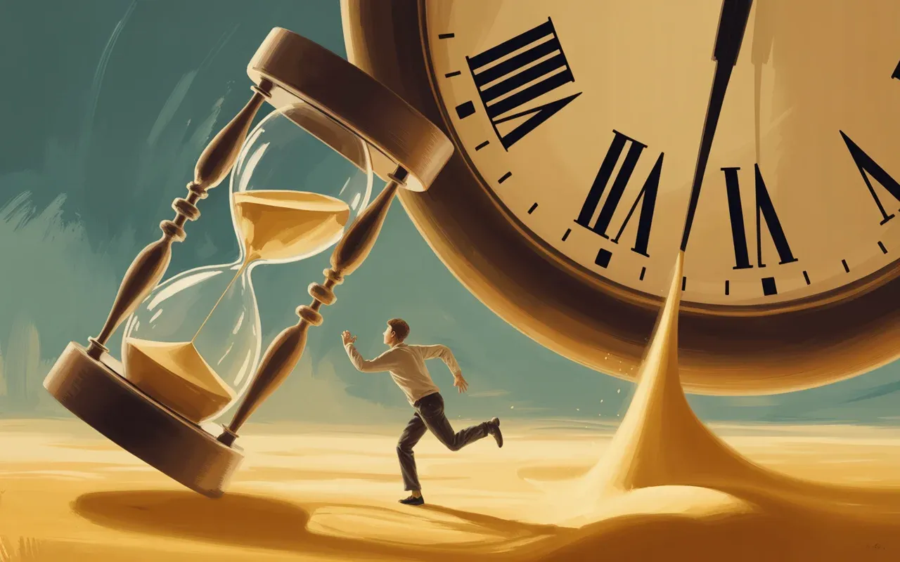 Person running in panic from giant clock, sand falling from hourglass, warm teal and golden dreamscape light