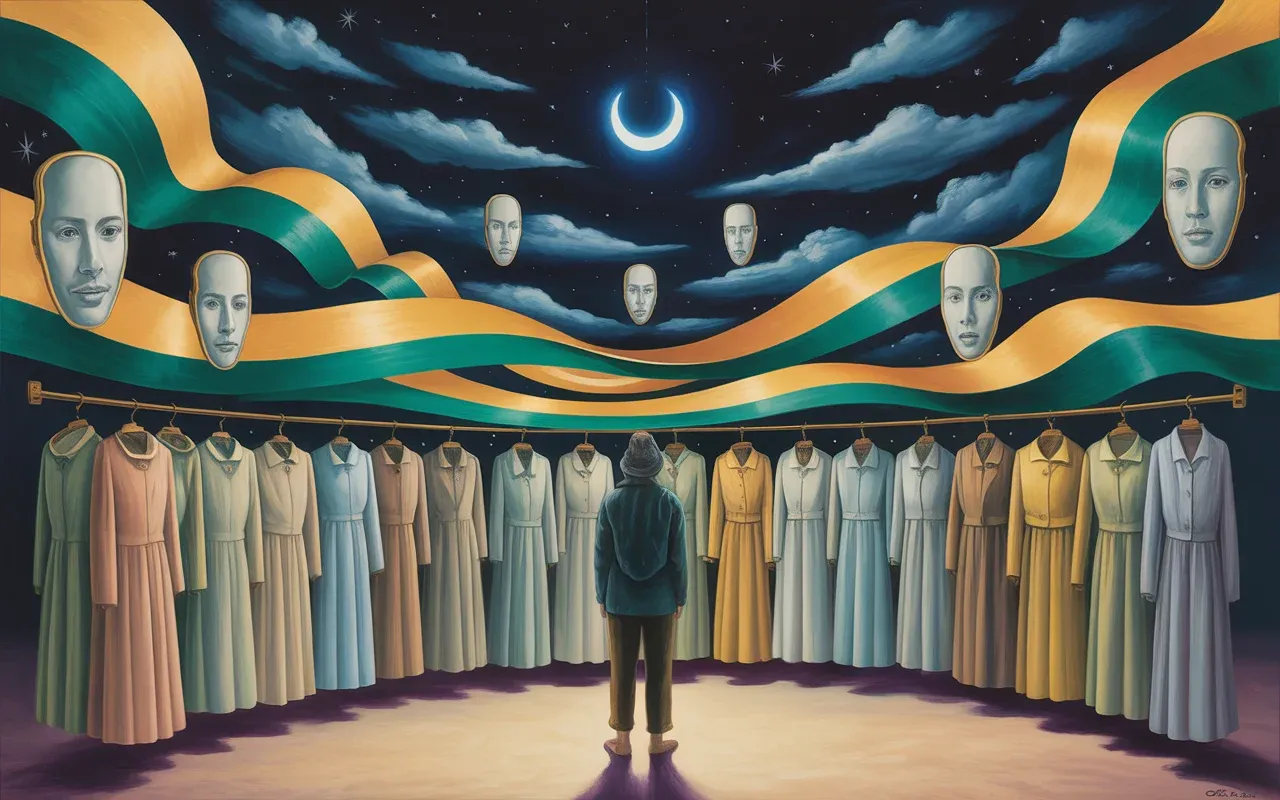 Person standing before a wardrobe of floating garments in a Jungian dreamscape representing identity and spiritual transformation