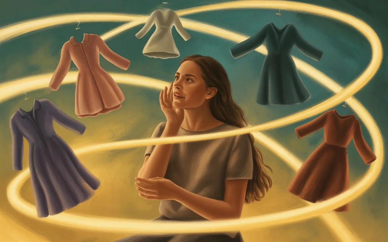 Woman discovering she can change her appearance with dream clothes, an emotional moment of self-recognition in a swirling golden dreamscape