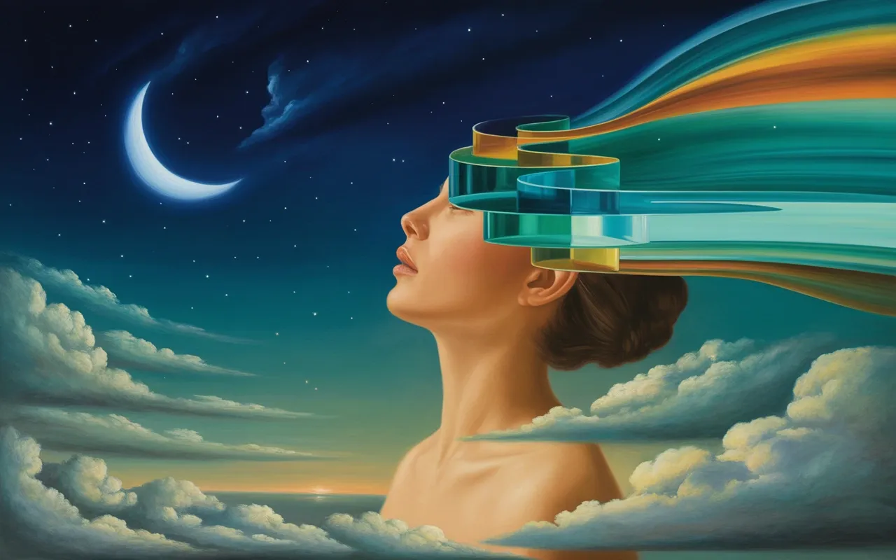 Woman dissolving into impossible colors in a Jungian dreamscape with teal and amber light