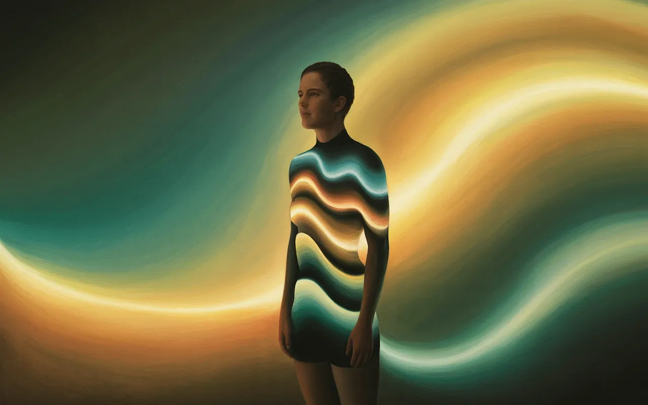 Person transforming into waves of unearthly colors in a surreal dreamscape