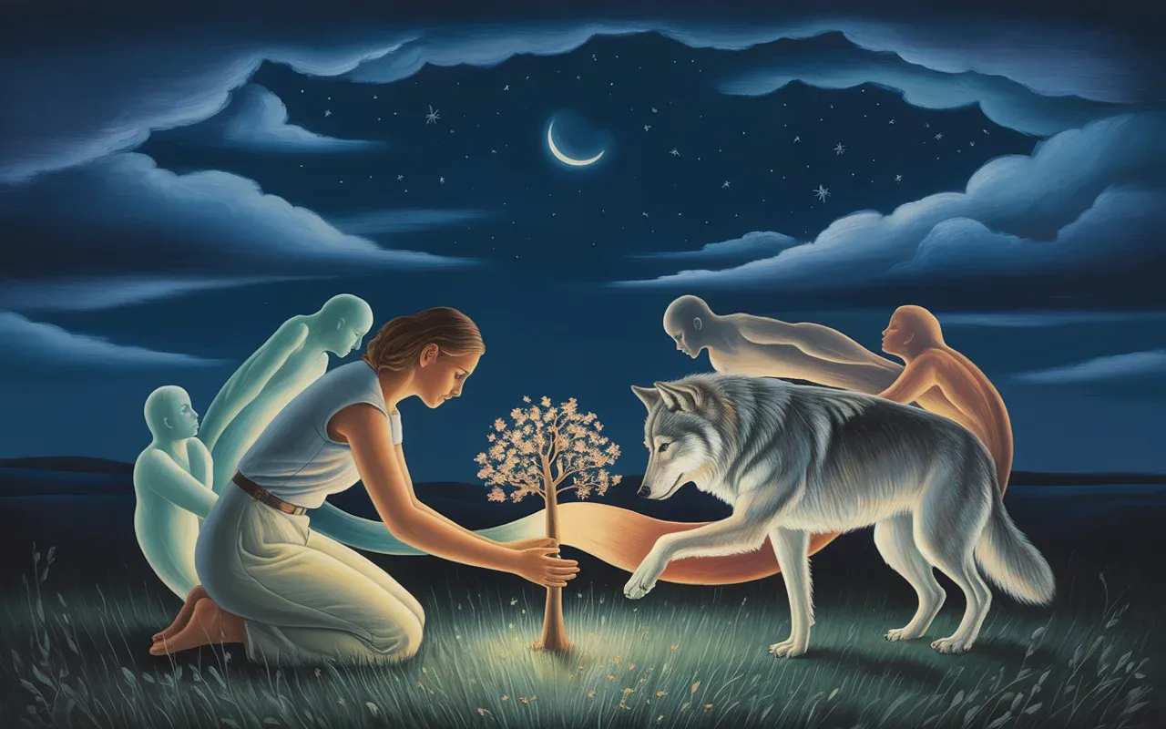 Woman connecting with a glowing wolf and flowering tree in a moonlit Jungian dreamscape with teal and amber light