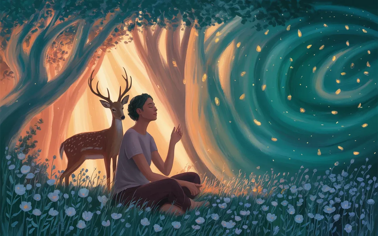 Person meditating peacefully in an enchanted garden with whispering flowers and a deer in teal dreamscape light
