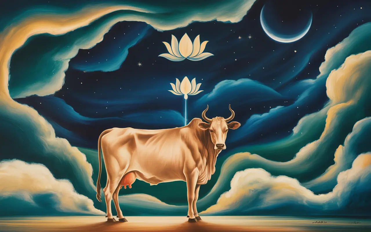 Sacred cow in Jungian dreamscape with teal and amber swirling light, surrealist oil painting style