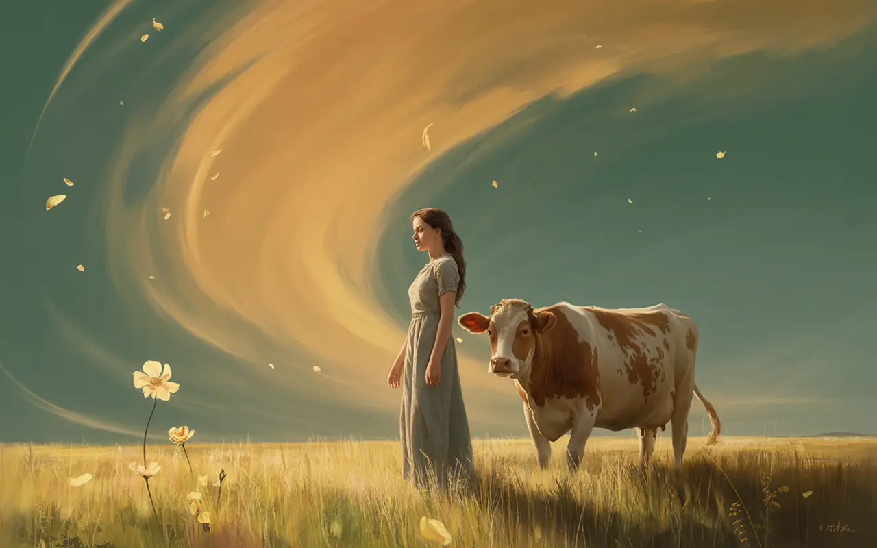 Woman standing peacefully beside a cow in a surreal dreamscape with golden teal swirling light