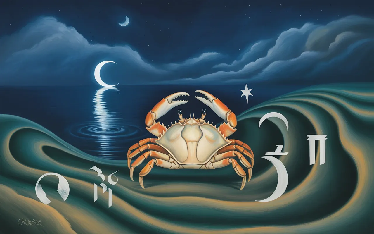 Jungian dreamscape with luminous crab emerging from ocean depths, symbolic of emotional protection and subconscious depths