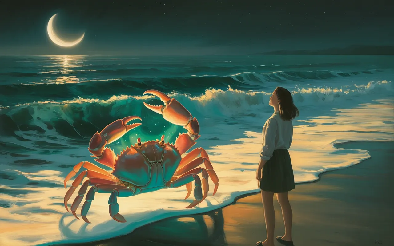 Woman standing calmly on moonlit shore facing a glowing ethereal crab, representing emotional confrontation in a dream