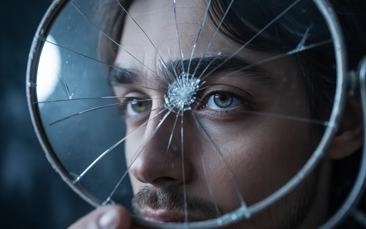 Close-up of a cracked mirror showing an eye through fracture lines, symbolic dream imagery