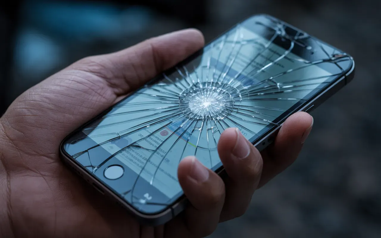 Close-up of a cracked phone screen held in a hand with dreamlike fractured light