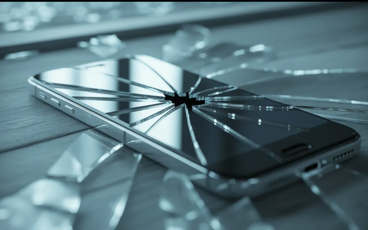 Cracked smartphone screen in a surreal dream setting with misty blue light