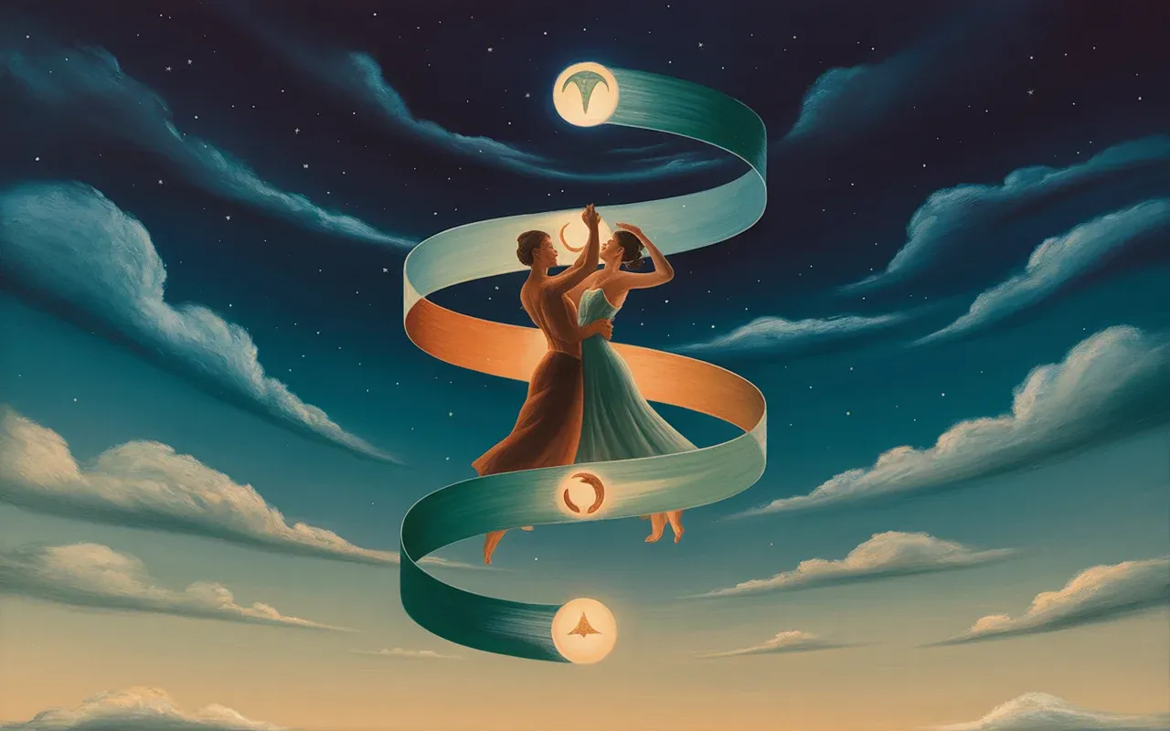 Two souls dancing in a Jungian dreamscape with swirling teal and amber light ribbons under a crescent moon