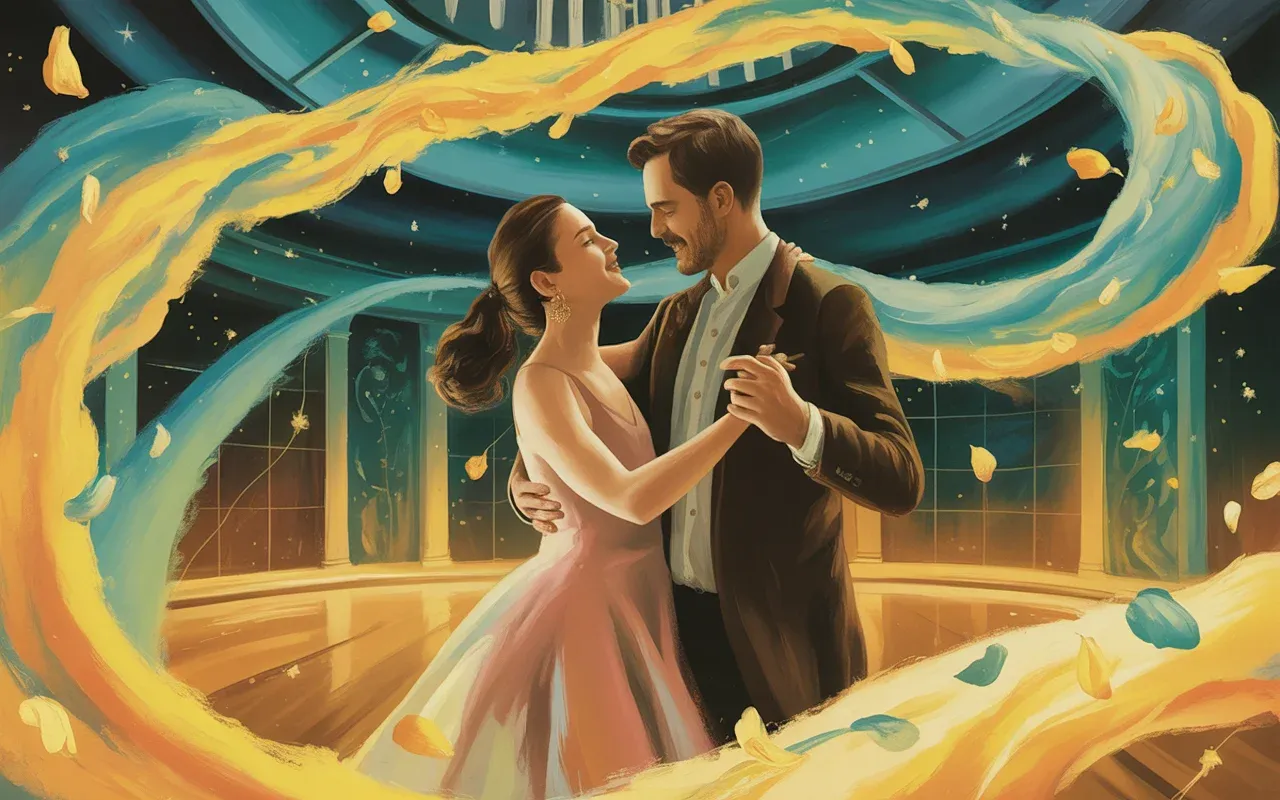A couple dancing in a glowing dream ballroom with golden and teal light ribbons floating through an ethereal dreamscape