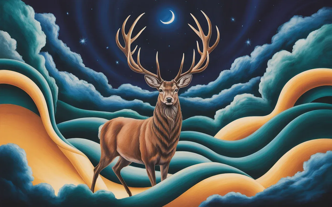 Jungian dreamscape with glowing deer spirit and swirling teal and amber light under a crescent moon