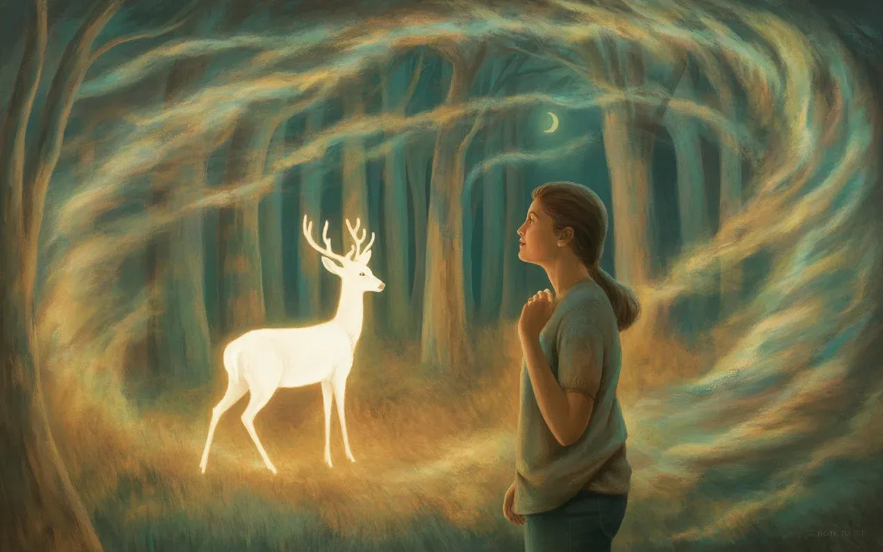 Woman standing in misty forest clearing encountering a luminous white deer in a dreamlike teal and golden light