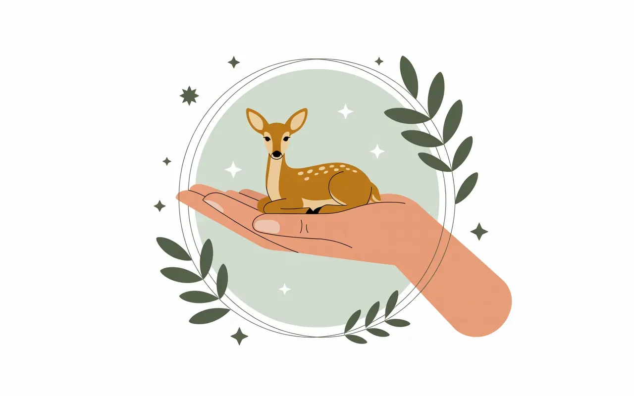Minimal illustration of an open hand with a small deer — coping and reflection after this dream