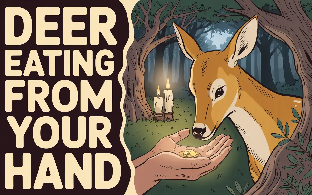 A deer eating from a person's hand in a dream — whimsical dark fantasy illustration