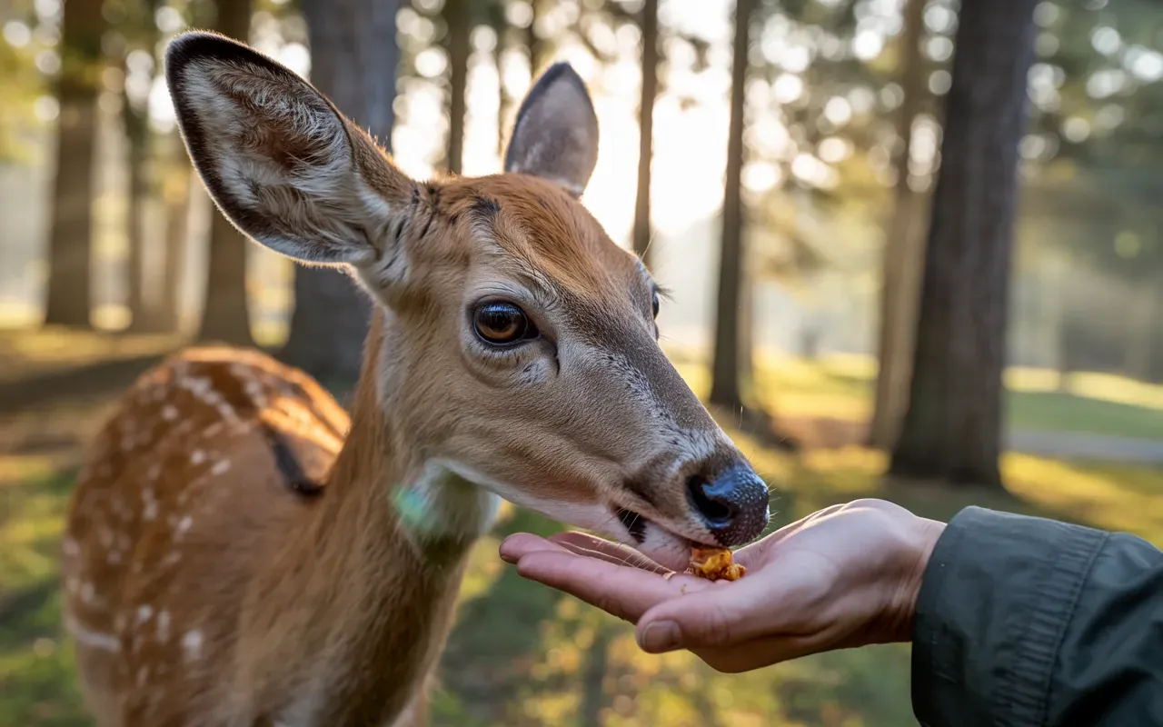 A white-tailed deer eating gently from a human hand in a sunlit forest — photorealistic