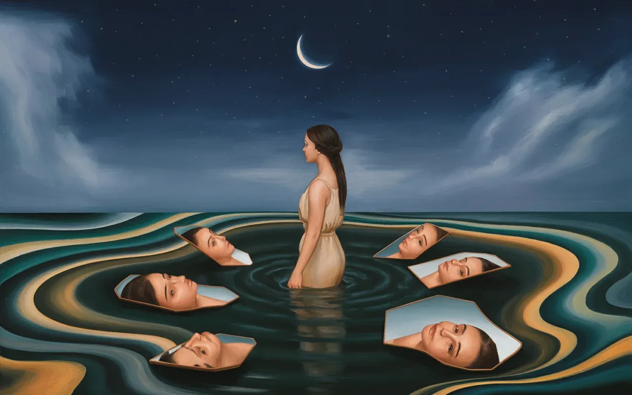 Jungian dreamscape with woman standing in murky water surrounded by teal and amber light representing the psychology of dirty water dreams