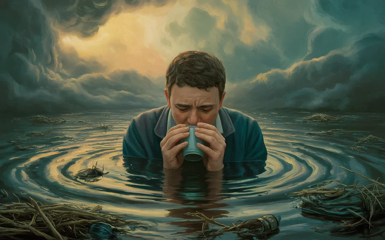 Person in dreamlike scene encountering polluted water with golden and teal light representing different dirty water dream scenarios