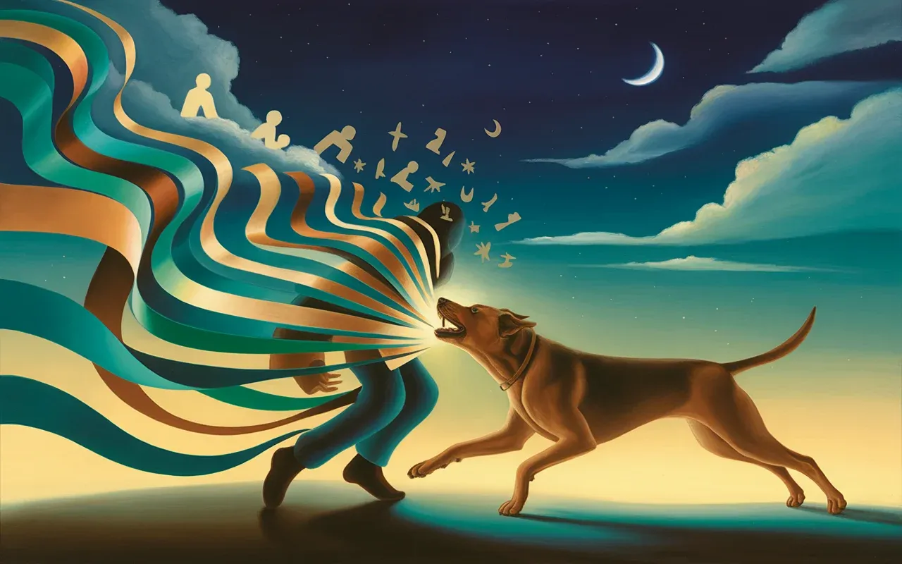 Abstract Jungian dreamscape showing an aggressive dog figure and human shadow archetypes with swirling teal and amber light