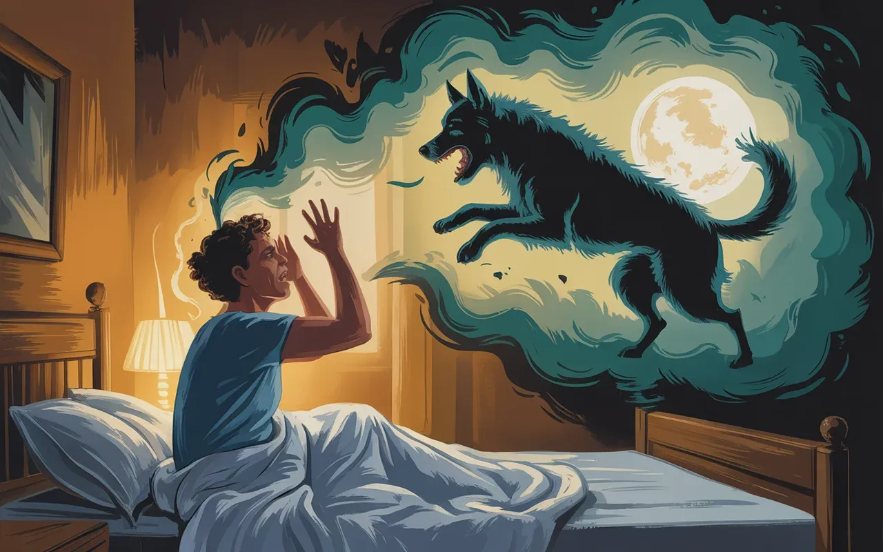 Person waking from a dog attack nightmare, sitting up in bed with moonlight and dreamscape shadows dissolving around them