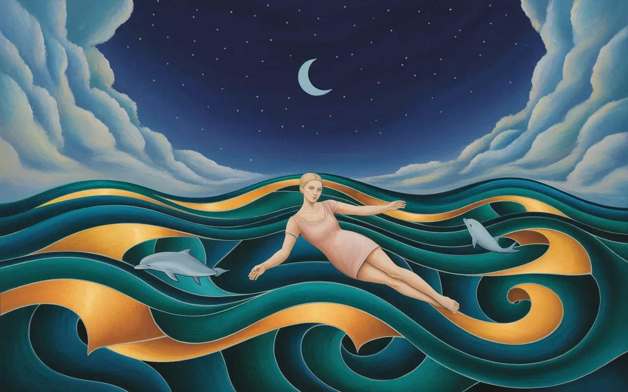 Jungian dreamscape figure floating above ocean with dolphin spirit guides and teal amber light