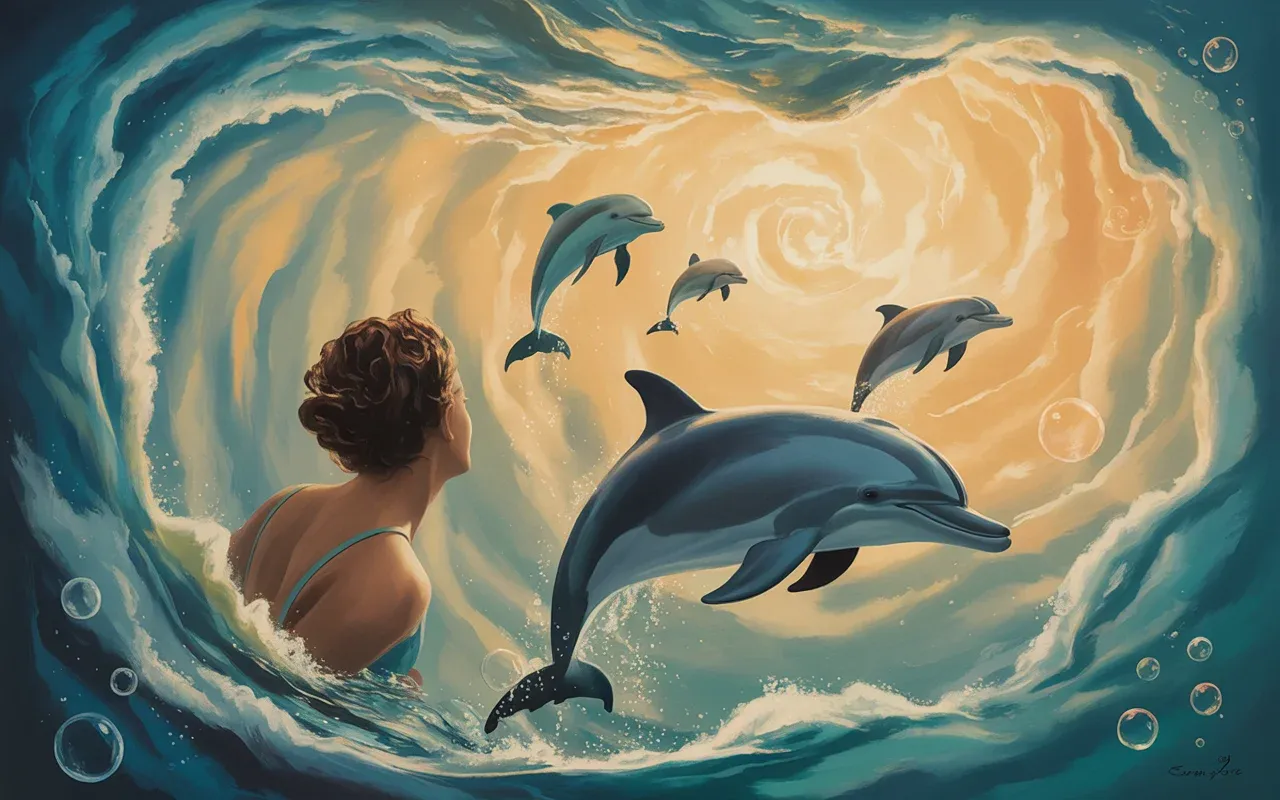 Person swimming alongside glowing dolphins in a luminous bioluminescent dream ocean with golden and teal light