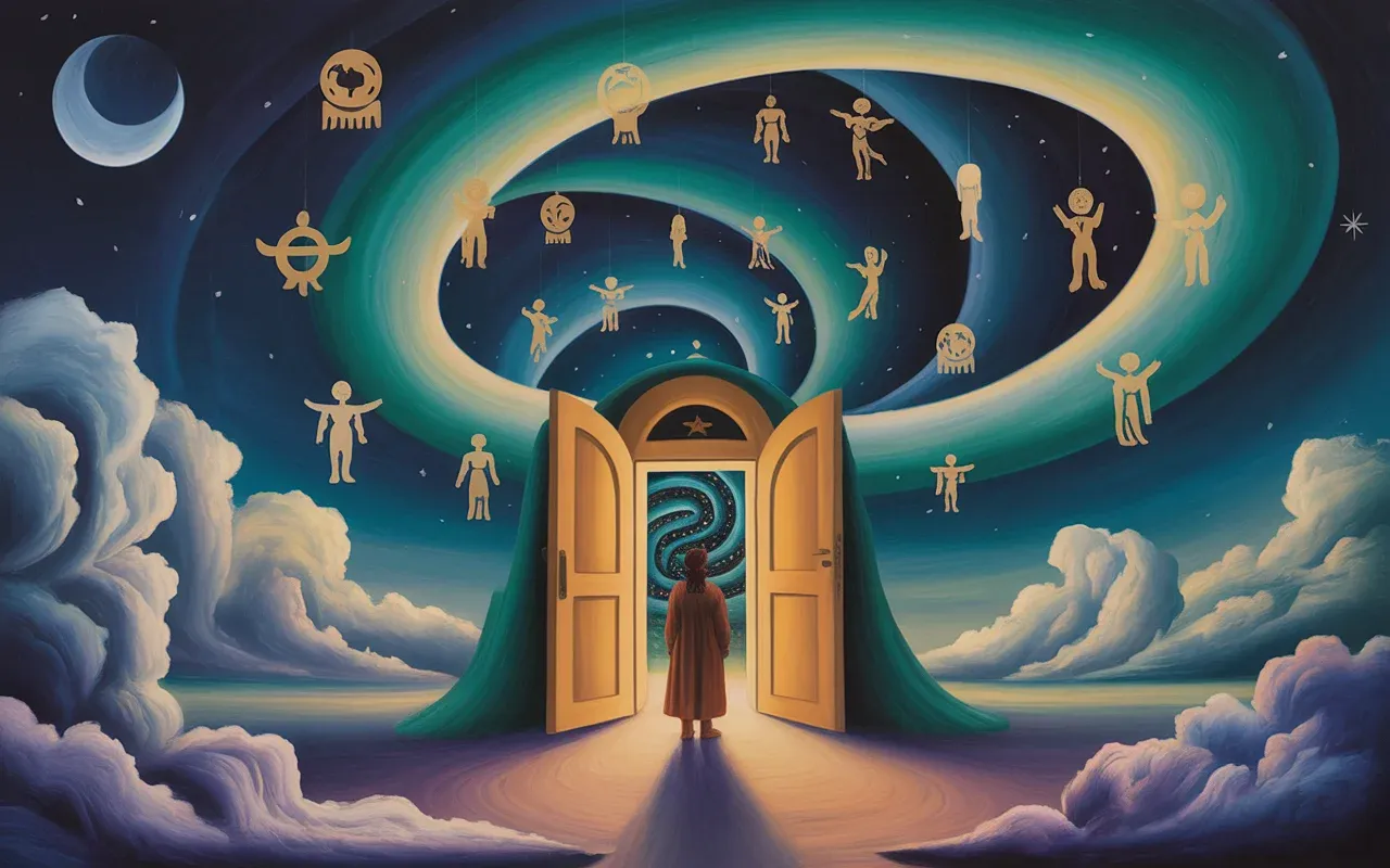 Person standing before a glowing ancient doorway opening to an interdimensional dreamscape with Jungian archetypal symbols, teal and amber swirling light