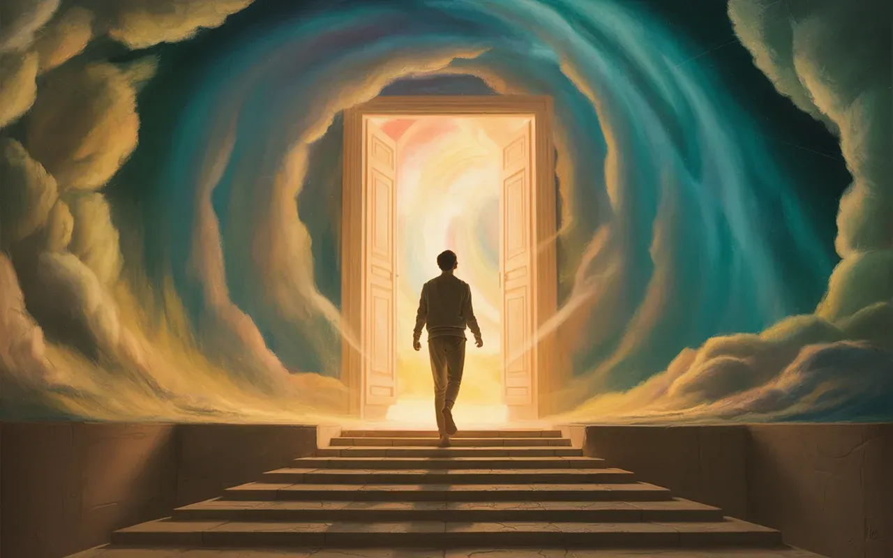 Dreamer stepping through a luminous glowing threshold into another world, warm golden and teal dreamscape light surrounding the portal