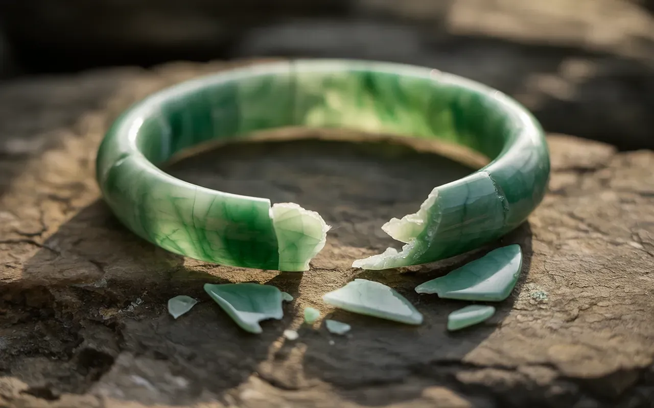 Close-up of broken jade bracelet pieces on stone