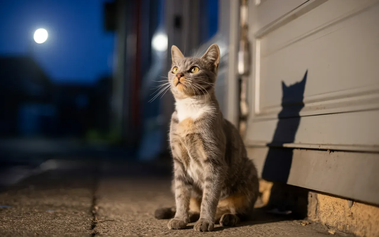 A stray cat sitting at a moonlit doorstep at night, symbolic dream imagery