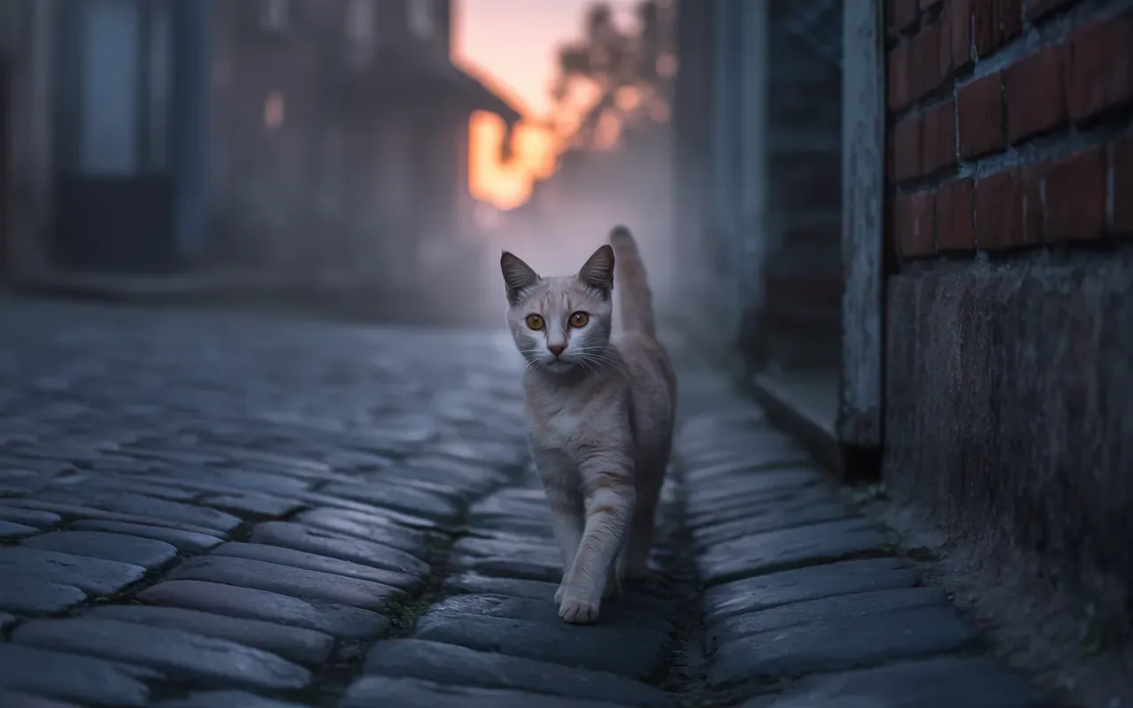 A stray cat with amber eyes following through a misty cobblestone alley at dusk in a dream