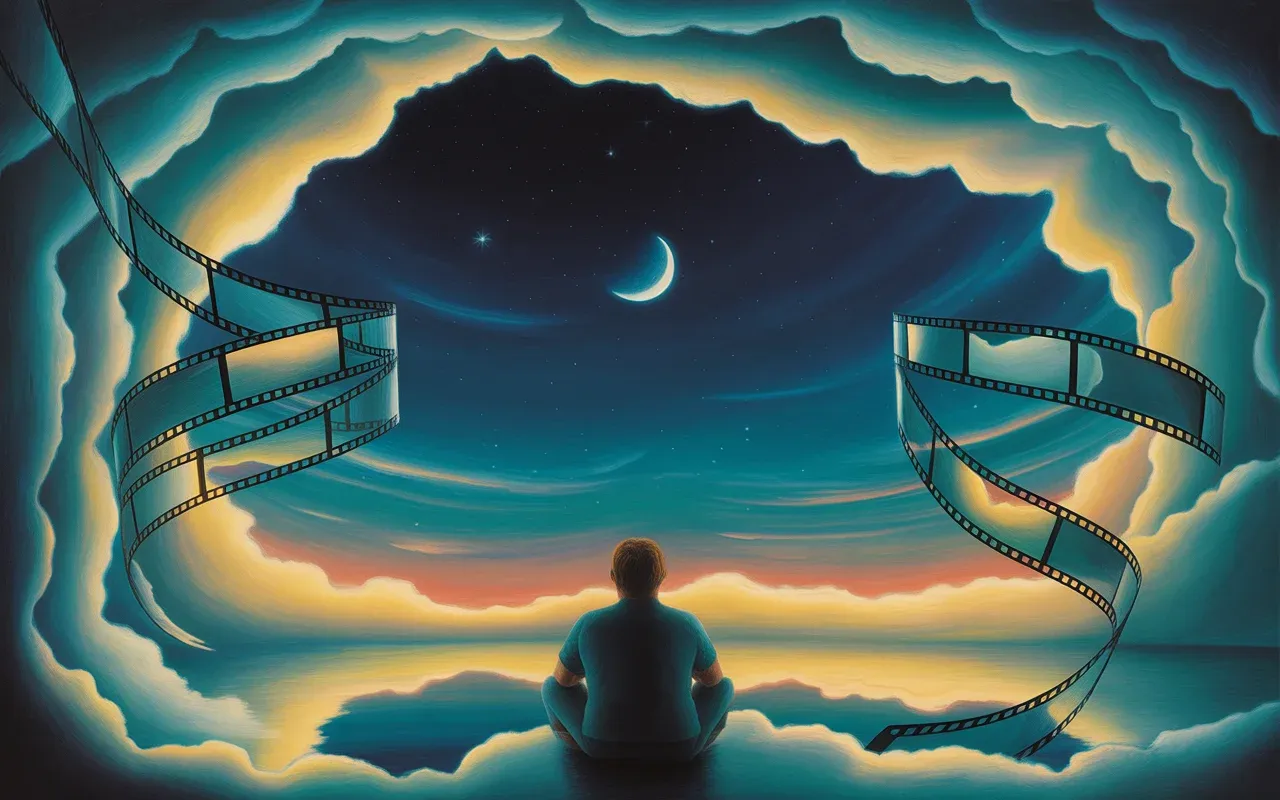 Person in cosmic cinema watching their life projected on a glowing dreamscreen — Jungian dreamscape with teal and amber light