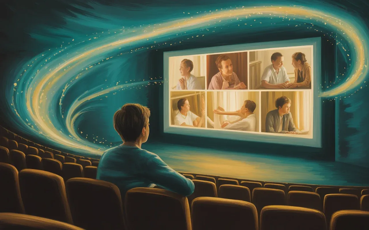 Person alone in a darkened theater watching their own memories on a glowing screen — warm golden and teal dreamscape light