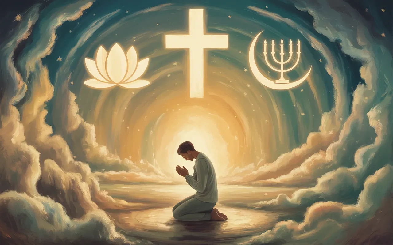 Person kneeling in prayer surrounded by glowing sacred symbols from world religions in a luminous dreamscape