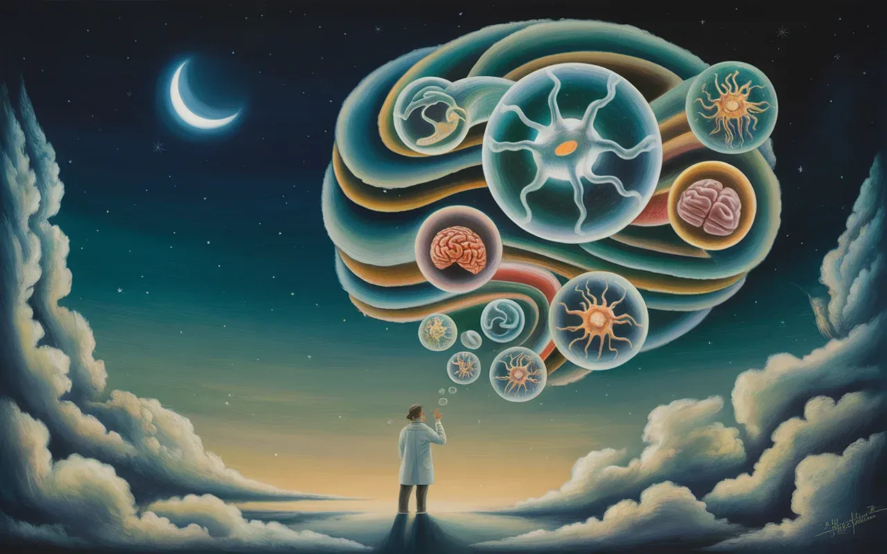 Jungian dreamscape with scientist figure surrounded by glowing dream bubbles and neural synapses, swirling teal and amber ribbons, painterly surrealist digital art