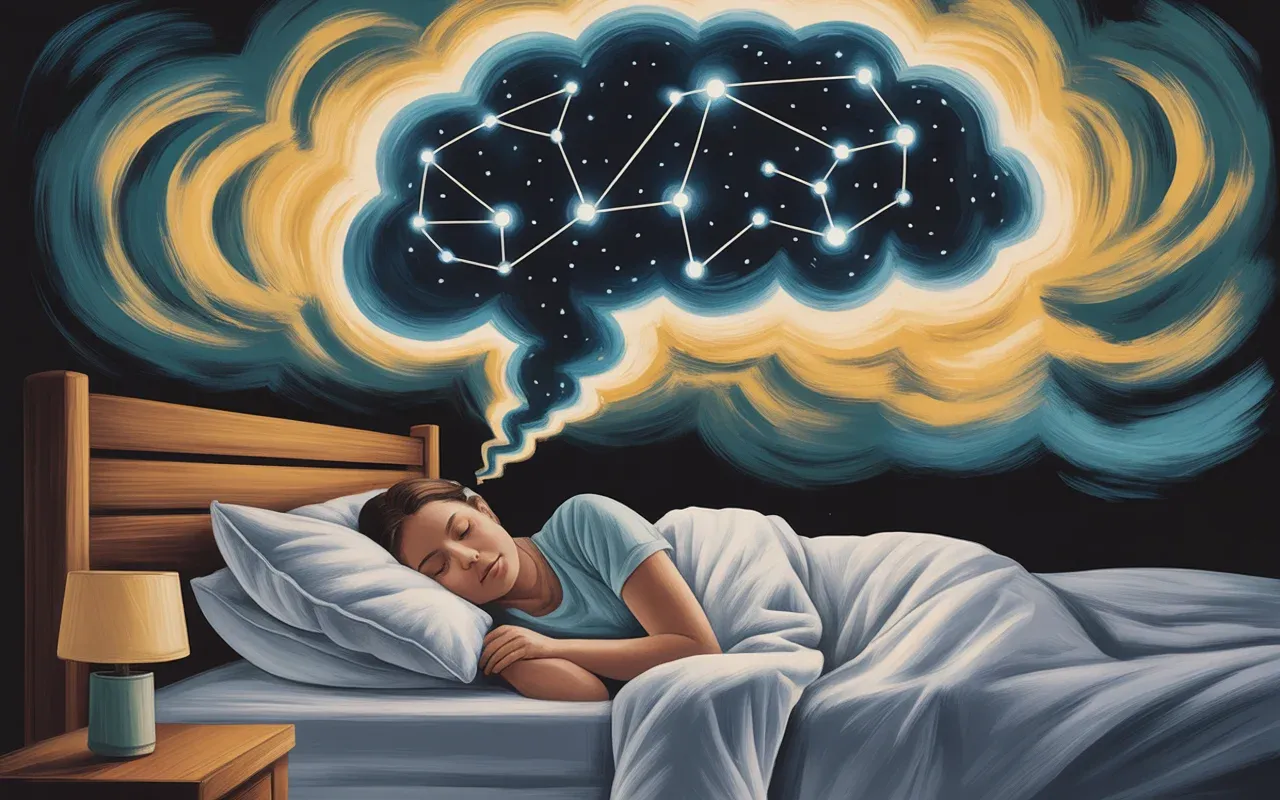 Person floating in a luminous dreamscape while sleeping, brain activity visualized as constellations above them, warm golden and teal tones, semi-realistic painterly digital art