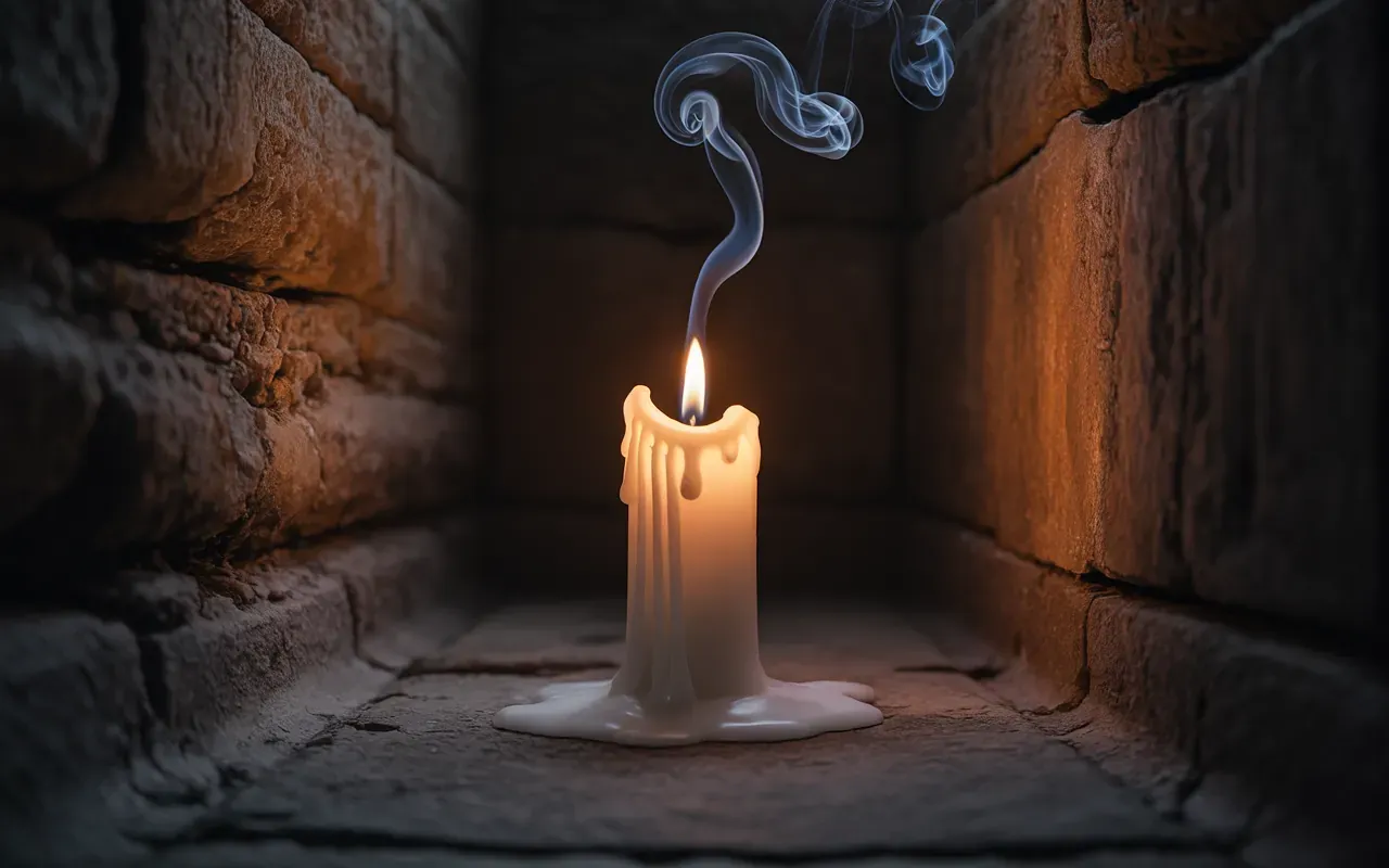 A single white candle flickering in a dark room, casting long trembling shadows on stone walls in a dreamlike atmosphere