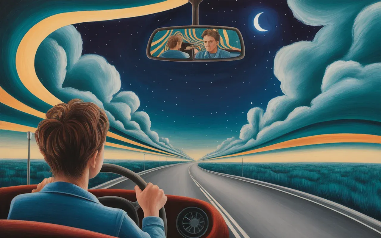 Person gripping steering wheel in surreal dreamscape with teal and amber light ribbons symbolizing driving backwards dream
