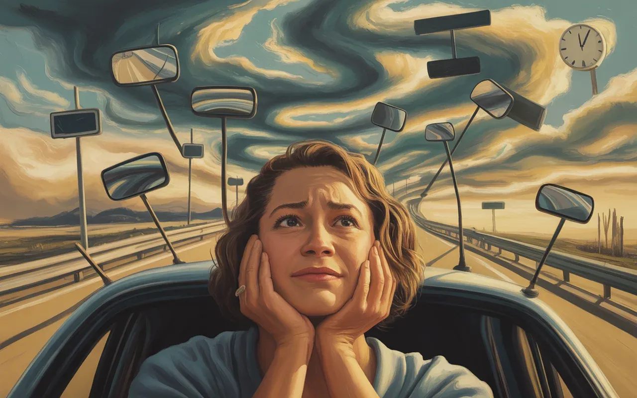 Woman in car moving backwards on surreal highway with floating clock fragments and multiplying mirrors in dream