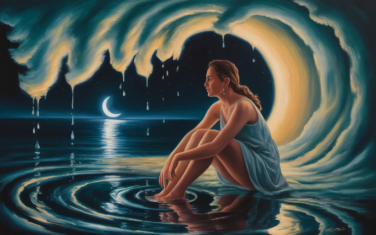 Woman sitting at the edge of a dark ocean at night, teal and golden light swirling around her in a surreal dreamscape