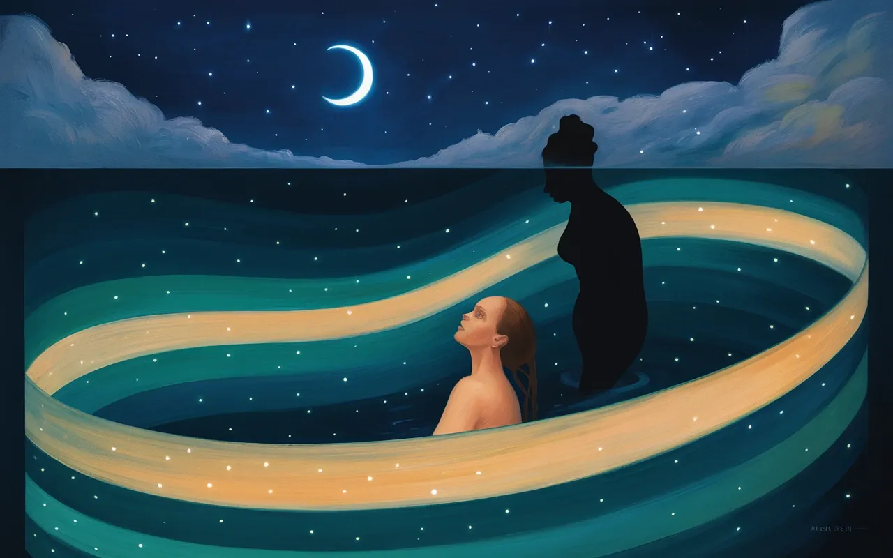Jungian dreamscape showing a woman submerged in water with teal and amber light ribbons and crescent moon above