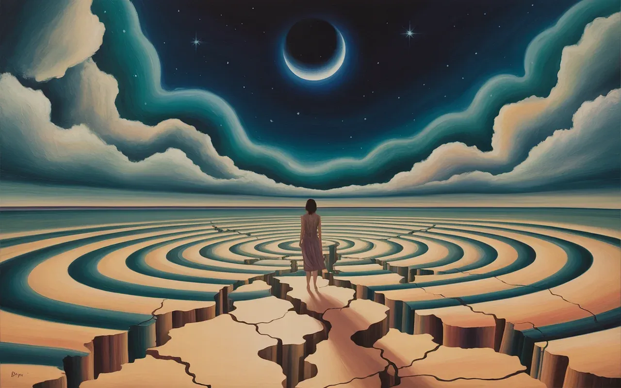 Woman standing on cracking earth in a surreal Jungian dreamscape with teal and amber light ribbons under a crescent moon