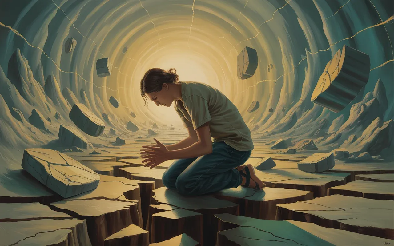 Person kneeling on fractured ground with golden light streaming through cracks in a surreal dreamscape