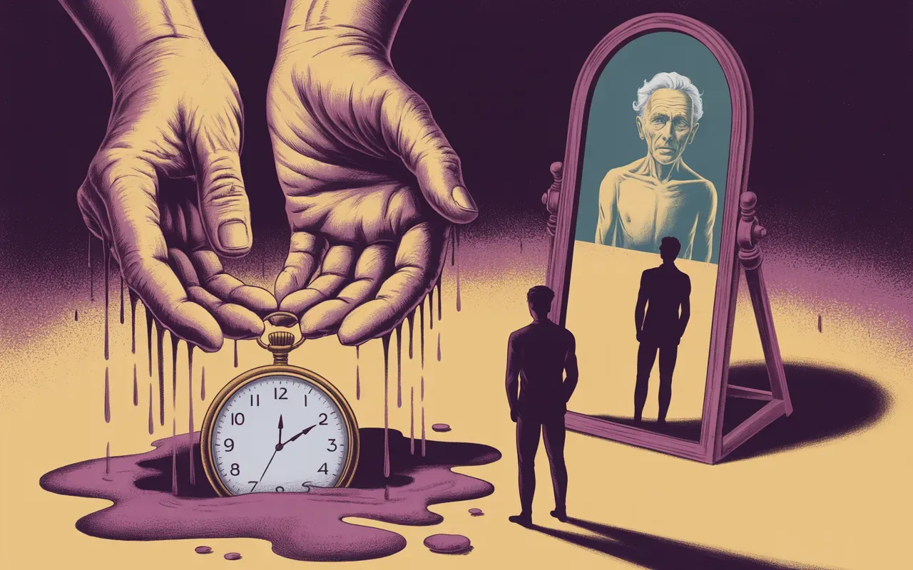 Surreal dream psychology illustration showing melting pocket watch and elderly hands symbolizing time and wisdom archetypes