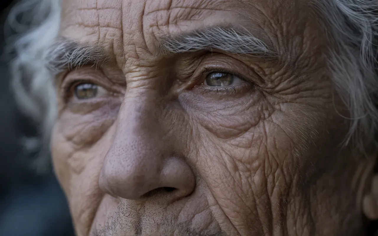 Close-up of elderly face with wisdom-filled eyes and deep wrinkles lit by soft moonlight, representing aging dream symbolism