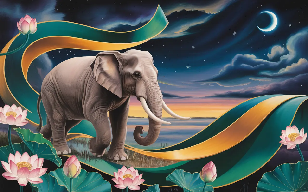 Elephant spirit guide in Jungian dreamscape with teal and amber light, crescent moon