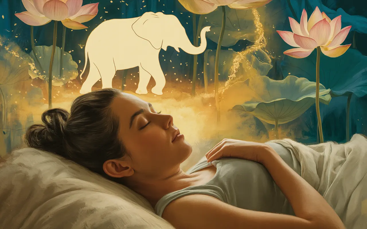 Woman sleeping as a luminous elephant rises from her dreams in golden and teal dreamscape