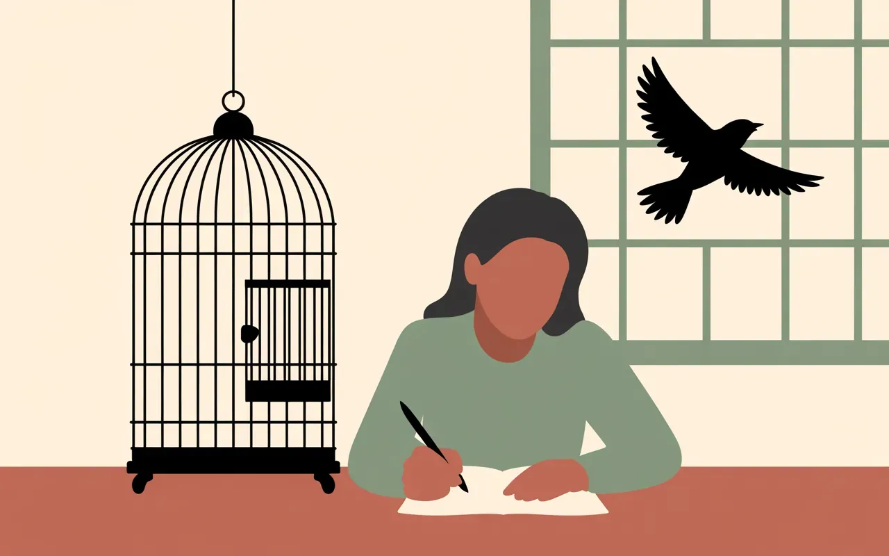 Minimal flat illustration of open cage symbolizing reflection and release